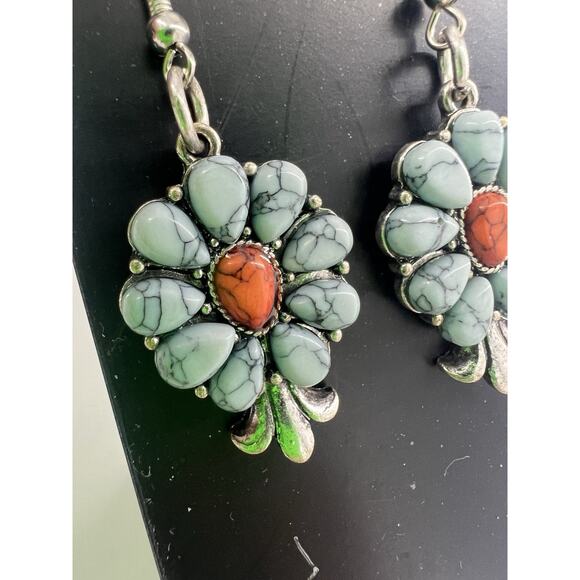 Handmade Earrings Silver Dangle Blue Turquoise Boho Coral Stone Middle Flower - Picture 2 of 4